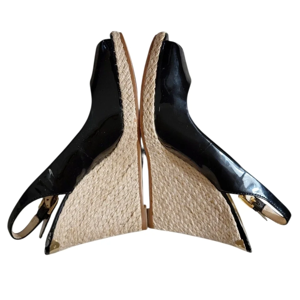 Michael Kors Keenan Black Patent Leather Peep Toe Espadrille Wedges Size 8